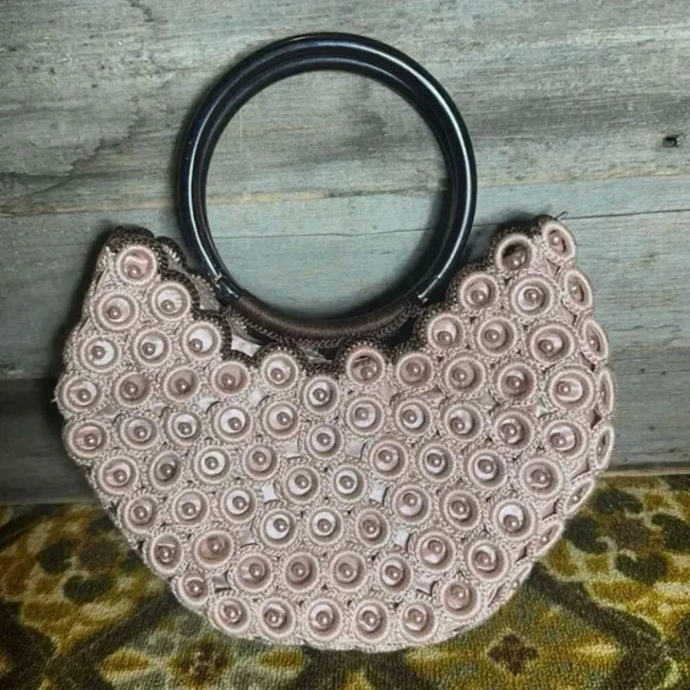 Vtg Crochet Bag Pink and Brown Bag